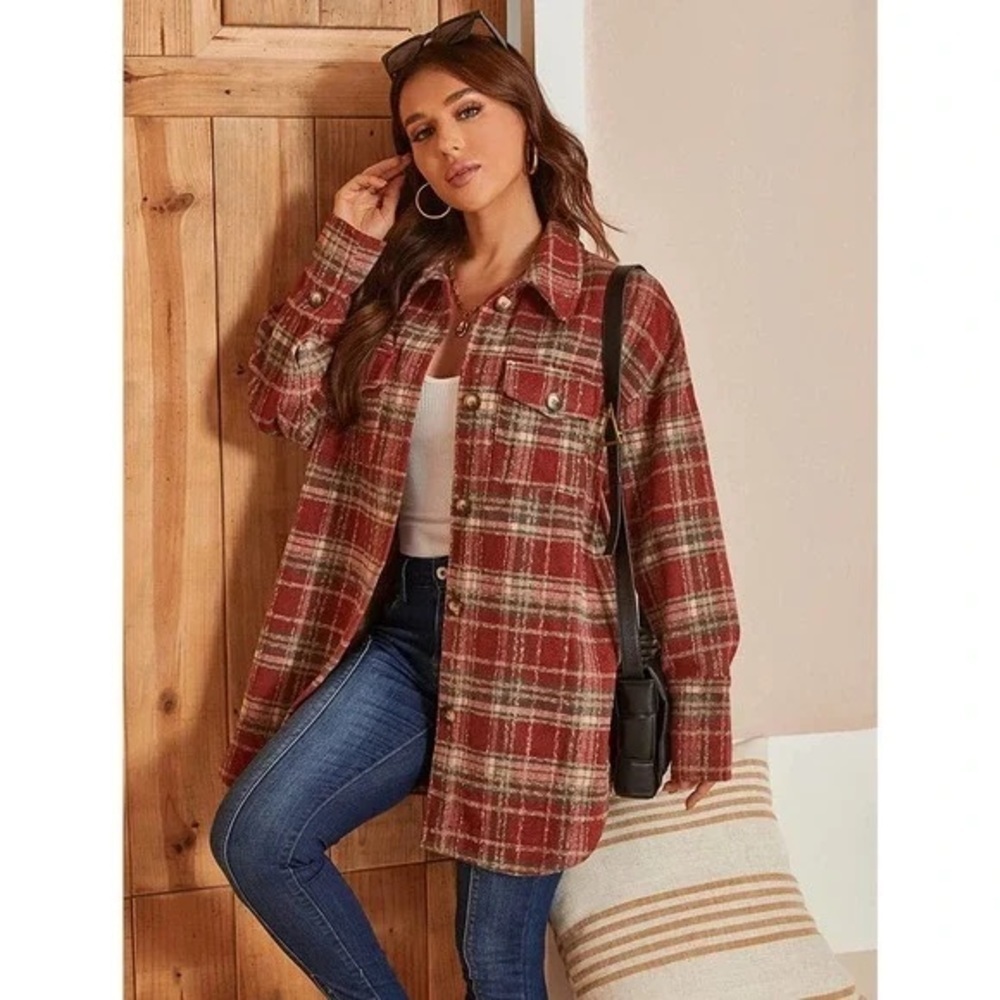 Simplee‎ Plaid Flannel Long Shacket Red Womens Medium Button Front